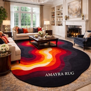 Luxury Abstract Wave Hand-Tufted Wool Rug – Red, Orange & Black Modern Irregular Designer Carpet for Living Room