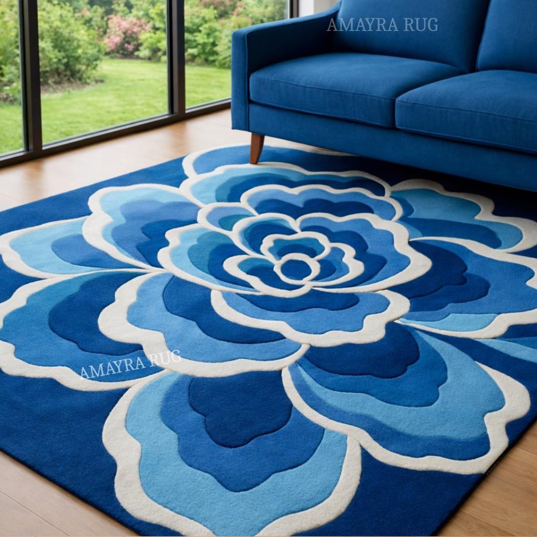 Handmade Blue Floral Tufted Rug, 3D Large Rose Area Rug for Living Room ...