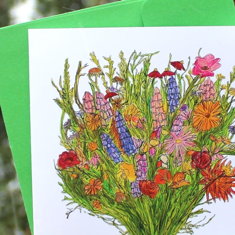 Hand-drawn "thinking of You" Wildflower Bouquet Greeting Card - Etsy