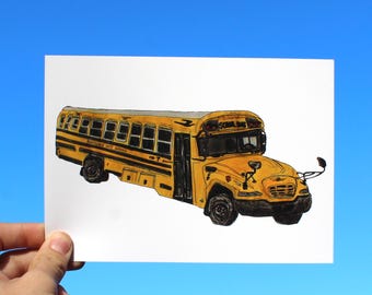 Hand Drawn School Bus Art Print | Nostalgic Classroom Decor