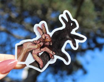 May include: A sticker featuring a hand making a shadow puppet of a rabbit. The hands are detailed with skin tones and shadows, creating the illusion of depth. The rabbit shadow is black against a white background.