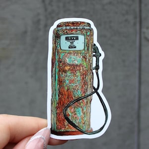 May include: A sticker featuring a vintage gas pump design. The pump is rendered in shades of brown, orange, and teal, with a weathered, distressed appearance. The design includes the text "THIS SALE" and "GALLONS".