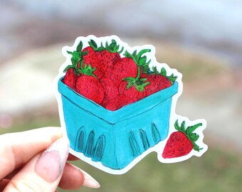 Hand Drawn Strawberry Pint Vinyl Sticker | Summer Fruit Decal