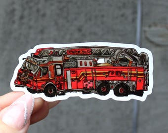 Handgetekende vinylsticker brandweerwagen | Cadeau voor brandweerlieden