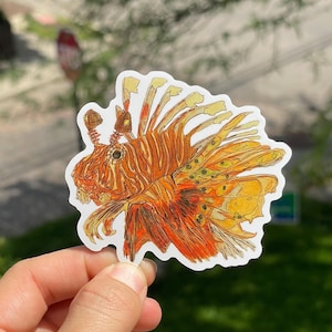May include: A colorful sticker featuring a detailed illustration of a lionfish. The lionfish is depicted in shades of orange, yellow, and brown, with intricate fin details and a distinctive spiky appearance. The sticker has a white border and is held by a hand.