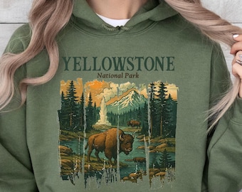 Yellowstone National Park Hoodie – Retro National Park Pullover, Bison and Forest Graphic, Warm Gift for Hikers & Campers.