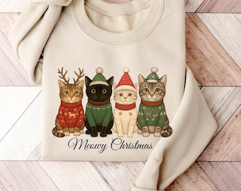 Meowy Christmas Cat Shirt, Cat Lover Christmas Sweatshirt, Cute Catmas Tee, Cat Mom Xmas Crewneck, Funny Cat Christmas Gift
