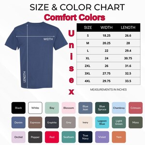 May include: A navy blue unisex t-shirt with a size and color chart. The chart lists sizes S to 4XL with width and length measurements in inches. Color options include black, white, and various shades of blue, green, and red.
