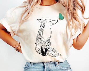 Comfort Colors Fox and Butterfly T-Shirt, Hand Drawn Nature Tee