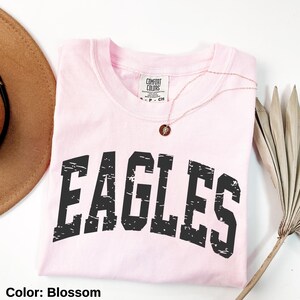May include: A light pink t-shirt with the word "EAGLES" printed in distressed black lettering. The shirt is folded and has a Comfort Colors tag. A gold necklace with a pendant is on the shirt. A brown hat and dried plant are in the background.