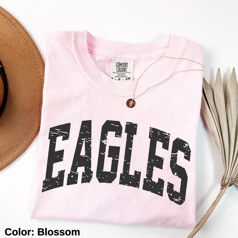 May include: A light pink t-shirt with the word "EAGLES" printed in distressed black lettering. The shirt is folded and has a Comfort Colors tag. A gold necklace with a pendant is on the shirt. A brown hat and dried plant are in the background.