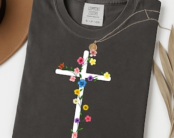 Comfort Colors Floral Cross Shirt, Christian Faith Tee