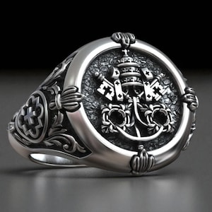 St. Peter Schlüssel des Himmels Ring handgefertigt In Sterling Silber, christliches Symbol Signet für Männer, päpstliches Kreuz VATIKAN Emblem Schmuck Geschenk