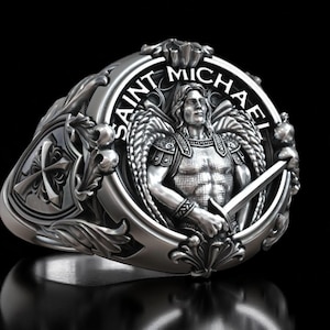 Saint Michael Archangel Ring in Sterling Silver – Protection Signet, Spiritual Warrior Jewelry, Gothic Men’s Statement, Christian Gift