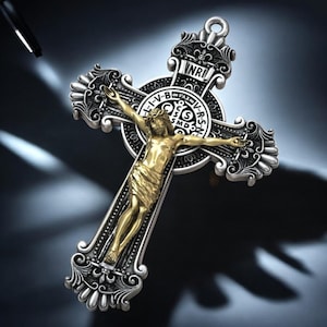 Catholic Crucifix Pendant With Saint Benedict Medal, Sterling Silver Handmade Jesus Cross Necklace, Religious Gift For Him Or Mama