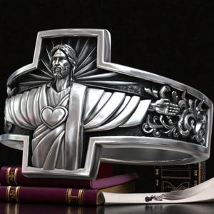 Handmade Jesus Ring with Sacred Heart and Cross, 925 Silver Christian Jewelry for Men, Catholic Statement Gift of Faith