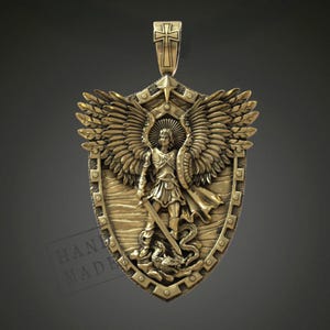 Saint Michael Archangel Pendant With Sword And Shield, Serpent Design Necklace, Religious Jewelry Gift For Him, Christian Protector Medal