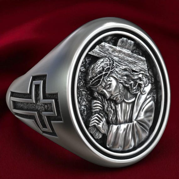 Christian Signet Ring With Jesus Cross and Crown of Thorns