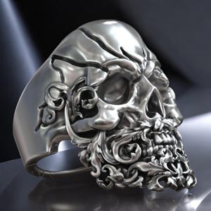 Skull Head Beard Biker Ring, Handmade Gothic Skull Jewelry, Beard Pattern Skull Ring, Dark Fantasy Statement Ring, Unique Gift For Him