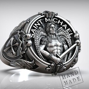 Saint Michael Archangel Ring With Shield And Sword Detail, Handcrafted Silver Christian Jewelry For Men, Bold Faith Statement Gift