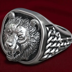 Sterling Silver Viking Bear Head Ring for Men – Nordic Signet with Celtic Knotwork, Norse Warrior Jewelry, Handmade Animal Totem Gift