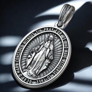 925K Silver Miraculous Medal Pendant, Virgin Mary Catholic Necklace, Handmade Religious Jewelry, Faith Gift For Her Or Mama, Oval Medal