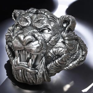 Tiger Head Animal Ring, Nature Inspired Jewelry, Fierce Tiger Statement Ring, Wildlife Lover Gift, Adjustable Animal Ring For Him Or Her