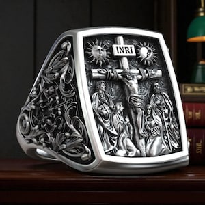 Jesus Crucifix Ring With Mary And Saints, Handmade Christian Signet Ring For Men, Religious Cross Jewelry, Catholic Faith Gift For Him