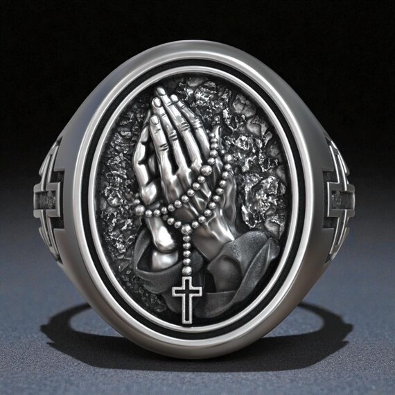 Praying Hands Rosary Ring, Christian Catholic Signet Ring for Men