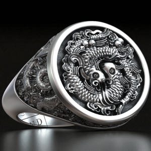 Chinese River Fish Ring Handmade In Silver, Traditional Lucky Symbol Signet Ring For Men, Yin Yang Inspired Jewelry, Cultural Gift For Him