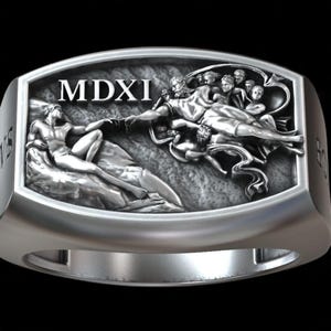 Sterling Silver Creation of Adam Ring – Michelangelo Art Signet, Renaissance Band for Men, Artistic Gift, God and Adam Statement Jewelry