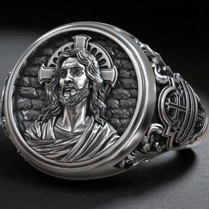Jesus Christ Ring with Christogram Symbol | 925 Silver Handmade Christian Signet Jewelry for Men | Sacred Catholic Gift for Him