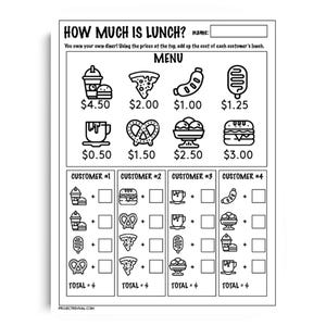 Puede incluir: Hoja de trabajo imprimible en blanco y negro titulada "HOW MUCH IS LUNCH?" con un tema de restaurante. Incluye un menú con ilustraciones de comida y precios, y secciones de pedidos de clientes para practicar la suma.