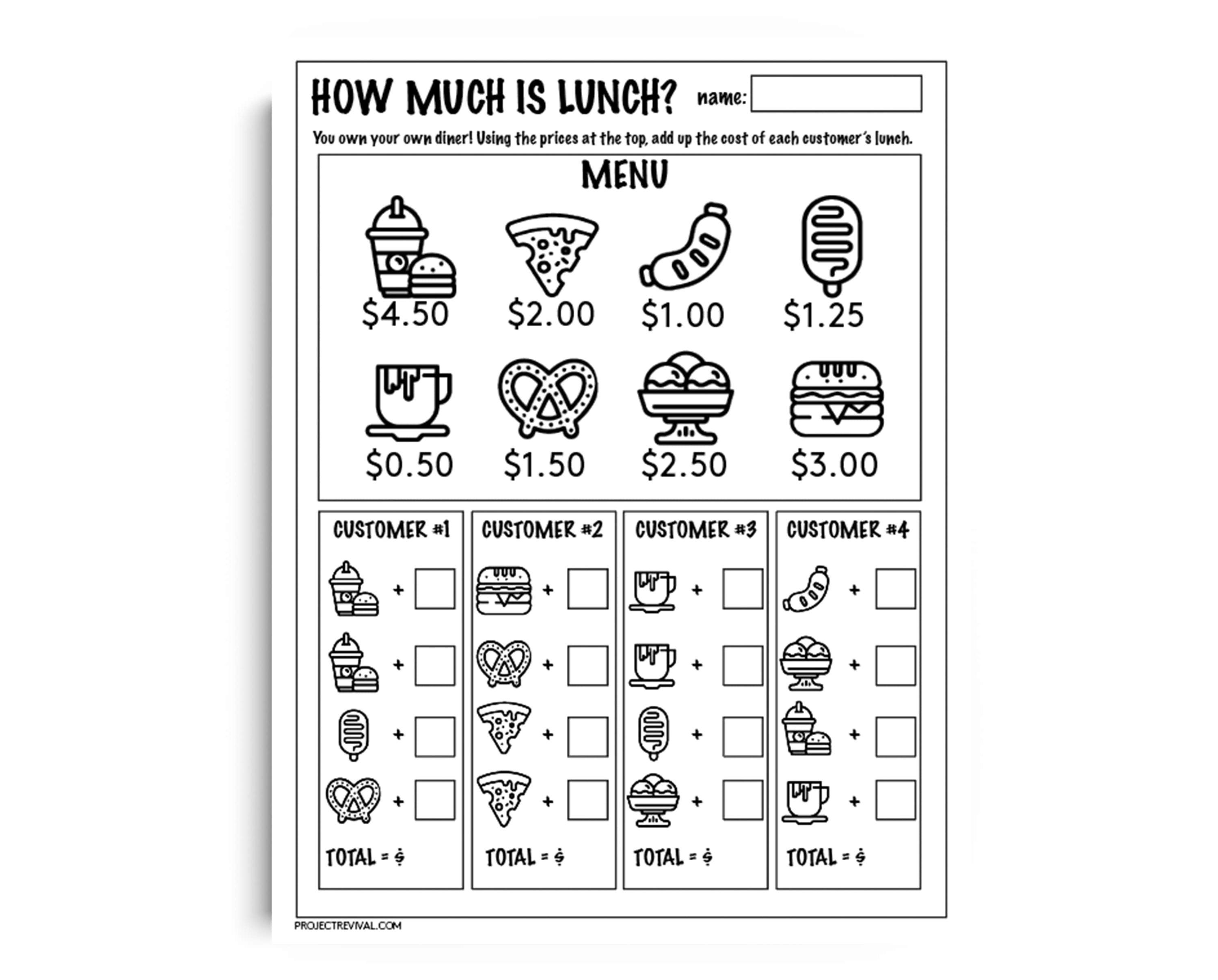 How Much Is Lunch? Math Worksheet – Printable Addition Activity for 1st–3rd Grade | Menu & Money Practice PDF