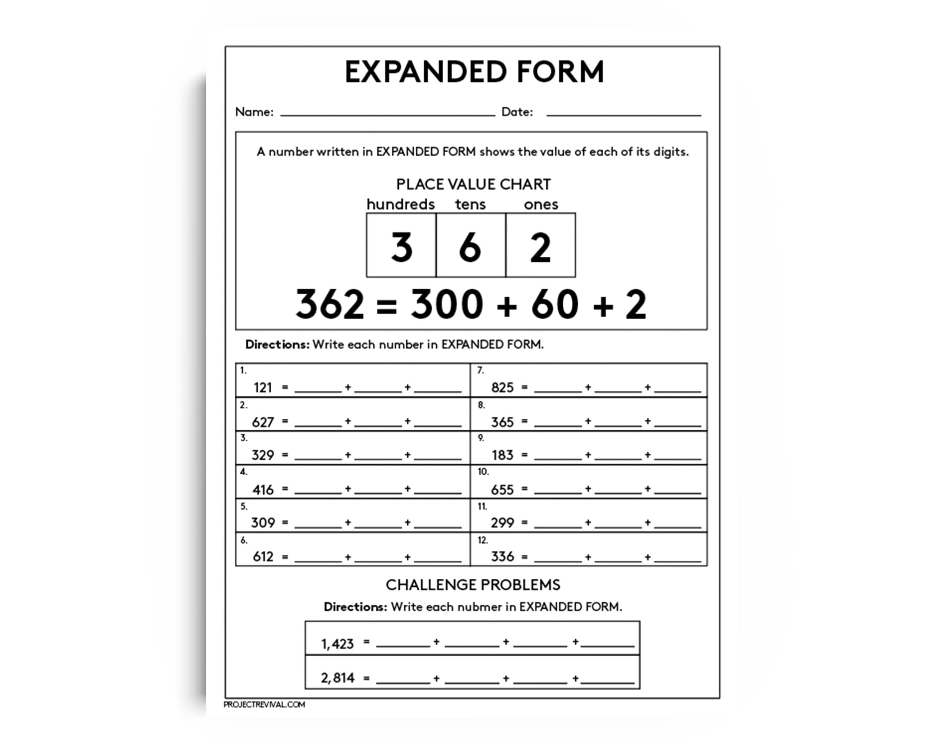 Expanded Form Math Worksheets: Place Value Practice, 1st-2nd Grade (PDF ...