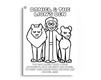 Daniel and the Lion’s Den Coloring Page – Bible Story Printable with Scripture for Kids | Christian PDF for Sunday School & Homeschool