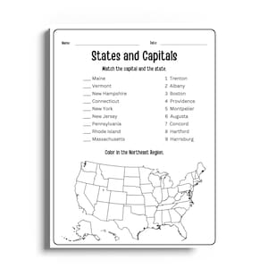 Könnte beinhalten: Ein schwarz-weißes Arbeitsblatt mit dem Titel States and Capitals, das eine Zuordnungsübung für neun US-Bundesstaaten und deren Hauptstädte sowie eine leere Umrisskarte der Vereinigten Staaten mit der Anweisung zum Ausmalen der Nordostregion enthält.