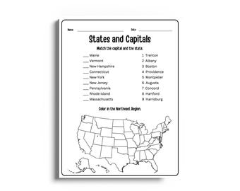 States and Capitals Worksheets | 50 States Geography Quiz | U.S. Regions Map Activities | Homeschool Geography Printable