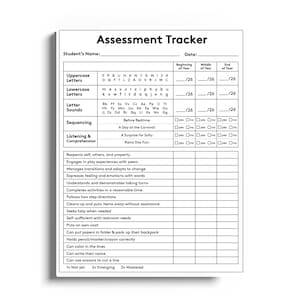 May include: A white Assessment Tracker document with black text and lines. It includes sections for student name, date, uppercase and lowercase letters, letter sounds, sequencing, listening comprehension, and a checklist of behavioural skills.