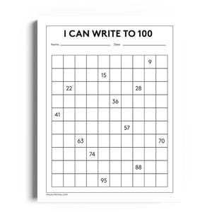 May include: A white worksheet with the title "I CAN WRITE TO 100" at the top. The worksheet has a grid with numbers filled in, including 9, 15, 22, 28, 36, 41, 57, 63, 70, 74, 88, and 95. There are spaces for a name and date.