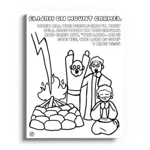 Puede incluir: Ilustración en blanco y negro de una escena bíblica, que representa a Elías en el Monte Carmelo. La imagen incluye texto de 1 Reyes 18:39, con figuras reaccionando a un fuego y un rayo. La obra de arte es adecuada para colorear.