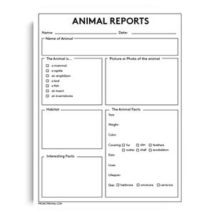 May include: A white A4 sheet with the title "ANIMAL REPORTS". The form includes sections for animal name, date, and facts, with checkboxes for animal characteristics and diet. The website address PROJECTREVIVAL.COM is at the bottom.