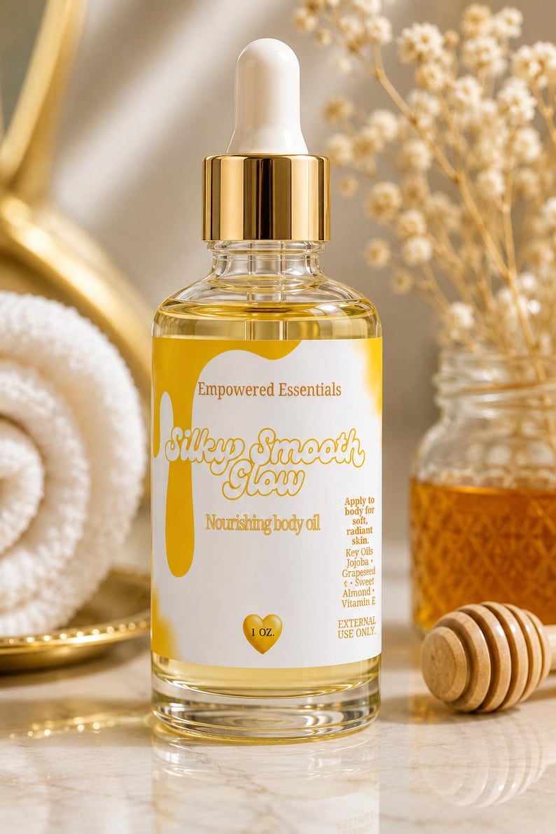 May include: A clear glass bottle of "Silky Smooth Glow" nourishing body oil with a white and yellow label. The bottle has a gold cap and dropper. The label reads "Empowered Essentials" and lists key oils. The bottle contains 1 fl oz.