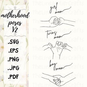 Archivos SVG del paquete "Maternidad": Mamá niña, Mamá niño, Mamá gemelos, Arte lineal minimalista de manos de madre y bebé, Clipart de mamá para Cricut e impresiones