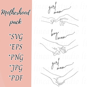 Mutterschaft Bundle SVG-Dateien - Mädchen Mama / Junge Mama, minimalistische Line Art von Mutter und Baby Hände, emotionale Mama Clipart für Cricut & Prints