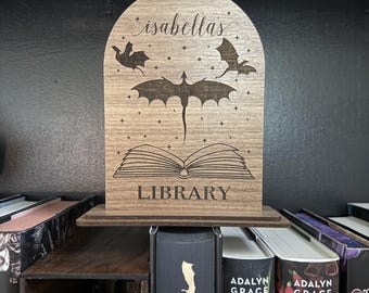 Wooden Bookshelf Decor - Dragon Library Sign bookshelf Decor Gift for book lovers, authors, and fantasy readers