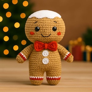 May include: A crocheted gingerbread man doll with a smiling face, red bow tie, and white icing detail. The doll has black eyes, rosy cheeks, and white and red trim on the arms and feet. Two white buttons adorn the front.