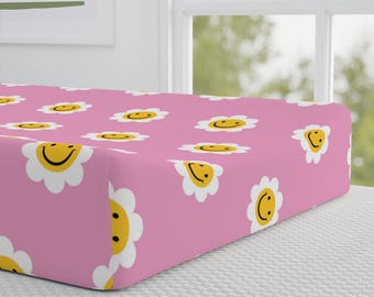 Smiley Flower Baby Changing Pad Cover – Jersey Knit Nursery Essential