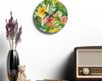 Reloj de pared acrílico con estampado floral tropical