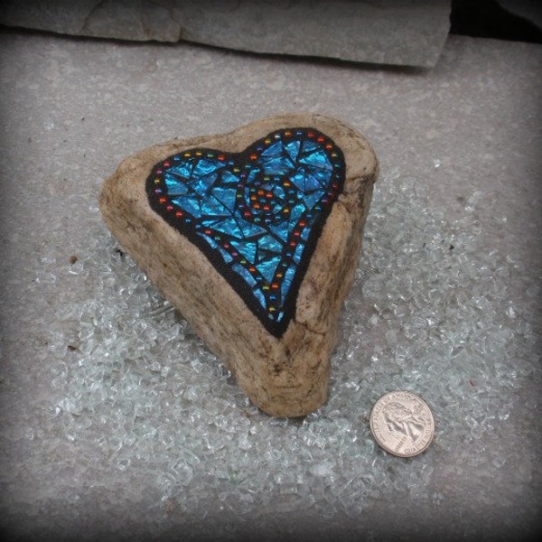 Larger Iridescent Blue Heart - Mosaic Paperweight / Garden Stone